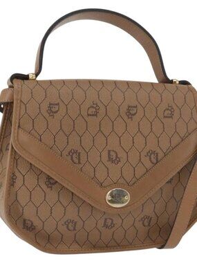 Christian Dior Honeycomb Canvas Hand Bag PVC Leather 2way Beige Gold Auth BA9582